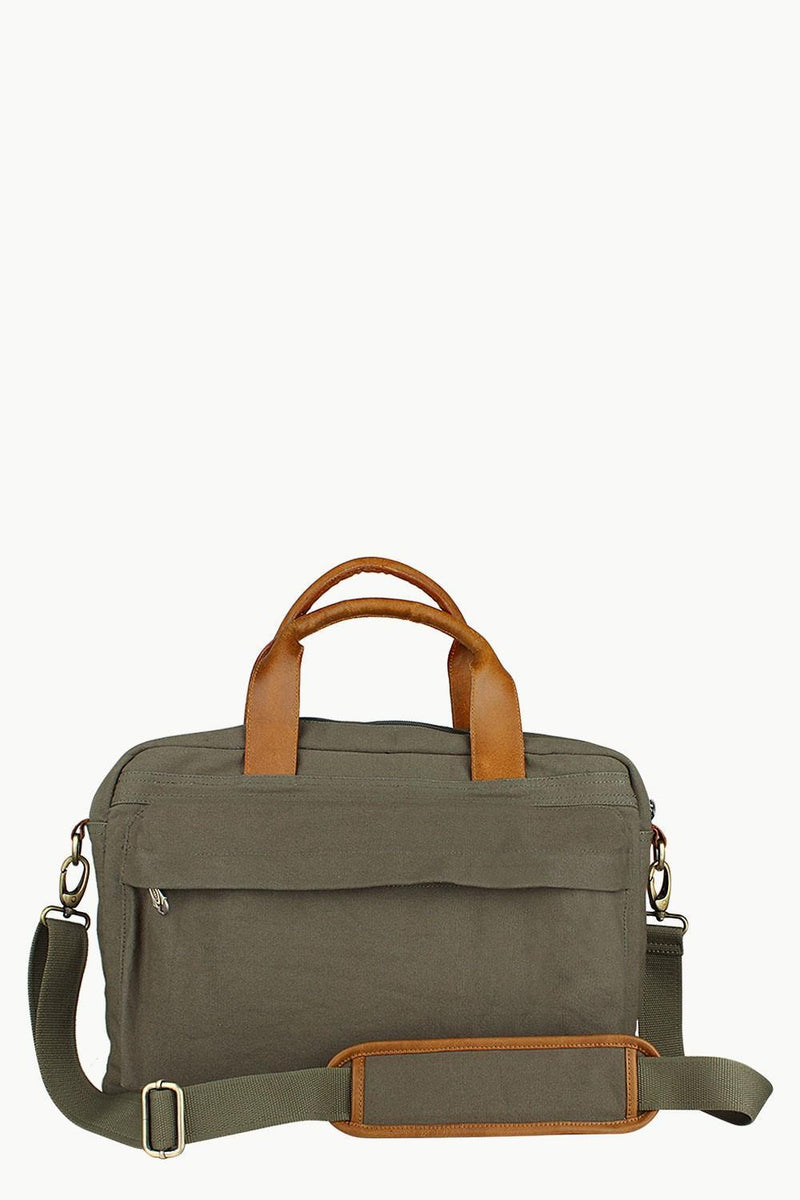 Buy Online Genuine Leather with DyedMoss Green Canvas Laptop Bags for Men Zobello